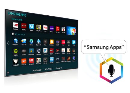 Samsungtelevisiescherm met weergegeven aanbevolen app-iconen, met een "Samsung Apps"-dialoogballon en een gestileerde microfoon
