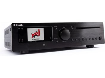 Siyah fırçalanmış alüminyumdan üretilmiş tümleşik Block CVR-200 hi-fi sistemi, üç çeyrek ön görünüş, sol tarafta renkli ekran, ortada geniş döner düğme, CD okuyucu yuvası ve sağ tarafta hizalı düğmeler