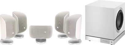 Conjunto de colunas compactas Bowers & Wilkins MT80-D em branco acetinado: 5 satélites elípticos e 1 subwoofer cúbico