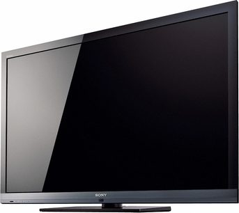 Sort Sony KDL-55EX710 fladskærms-TV set forfra, slukket, på hvid baggrund