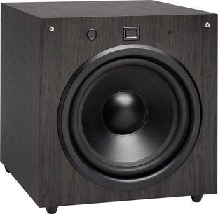 Velodyne EQ-MAX 8 sort subwoofer, set forfra, mat sort front med centralt placeret rund, blank højttaler