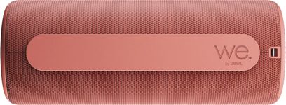 Altoparlante Bluetooth portatile Loewe We. HEAR 1 rosa corallo, vista frontale, formato cilindrico con cinghia integrata