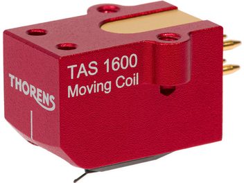 Thorens TAS 1600 red vinyl turntable cell, top close-up view, with golden tonearm and cartridge