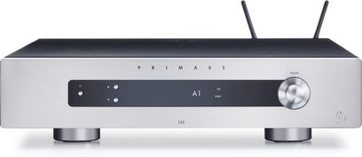 Primare I25 Prisma DM36 sølvfarvet stereo hi-fi-forstærker, frontvisning, børstet aluminiumsfacade, LED-display, knapper og kontrolhjul, hovedtelefonstik