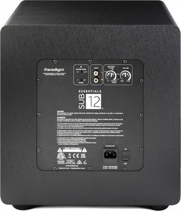 Paradigm Essentials Sub 12 subwoofer med sort bagpanel, RCA-stik, justeringsknapper og strømstik
