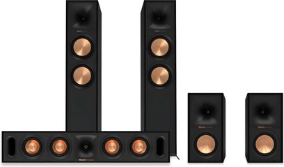 Sada reproduktorů Klipsch R-605FA 5.0.2 Atmos černá, obdélníkové skříně, měděné kovové membrány, pohled zepředu