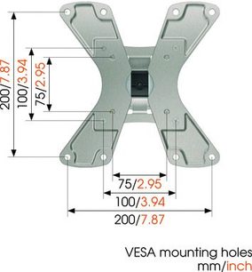 Teknisk diagram med dimensioner i mm og tommer af en X-formet VESA vægbeslag i metal til TV, Vogel's Wall 1125 sølv