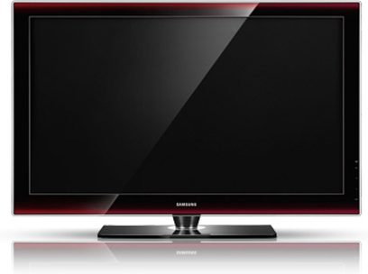 Samsung PS63A756 fladskærms-tv slukket, sort blank skærm, rød ramme, sølvfarvet fod, set forfra
