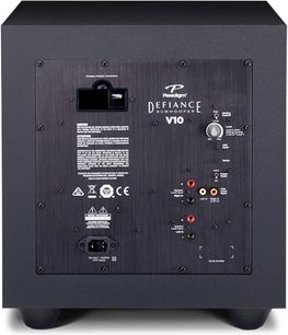 Paradigm Defiance V10 sort satineret subwoofer, set forfra, sort front med kontroller og stik