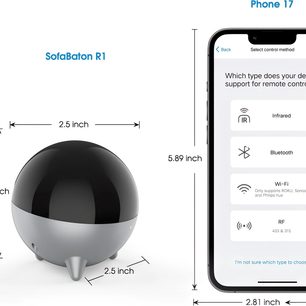 Ayaklı küre şeklinde siyah ve gri Sofabaton R1 kablosuz verici, bir akıllı telefonun yanında gösteriliyor