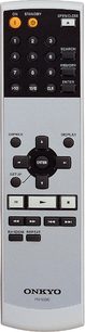 Grå Onkyo RC-392C fjernbetjening med numerisk tastatur, kontrolknapper og adgang til funktioner, set forfra