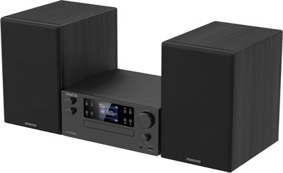 Černý Hi-Fi minivěž Kenwood M-9500S se středovým displejem, CD přehrávačem a dvěma odpovídajícími reproduktory při pohledu zepředu