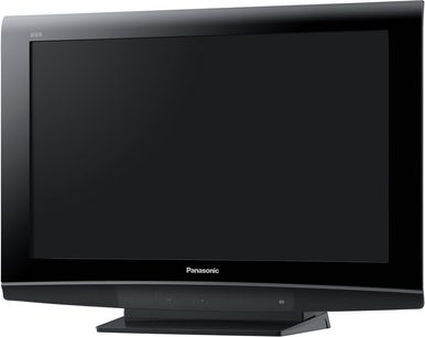 Panasonic TX-32LXD81 sort fladskærms-tv med sort skærm slukket set forfra på sort rektangulært stativ vist fra tre kvarter vinkel
