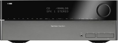 Amplificatore hi-fi stereo Harman Kardon HK 3390 nero, vista frontale, display blu, pulsanti e manopola argentati