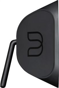 Soundbar BlueSound PULSE SOUNDBAR černý, detailní pohled zepředu, zakřivený tvar, černá mřížka s bílým logem "B"