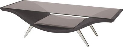 TechLink KURVE sort TV-møbel, asymmetrisk oval form, 2 røgfarvede glashylder, buet sølvfarvet metalfod
