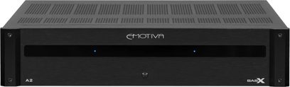 Emotiva BasX A-2 multikanal effektforstærker, sort frontpanel med perforeret gitter, blå knap og indikatorlys, set forfra