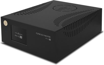 Phono-Vorverstärker Gold Note PH-5.2 schwarz, Aluminiumgehäuse mit Frontdisplay und geschwungenen Lüftungsschlitzen