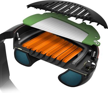 Audeze EL-8 Titanium åben hovedtelefon, sort og grøn hovedbøjle, orange transducere, blågrønne ørepuder