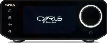 Cyrus 40 AMP hi-fi amplifier in black, glass front panel, front view, central display, large illuminated knob on the right, jack socket
