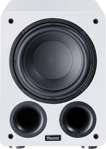Hvid Alpha RS 8 subwoofer, frontvisning, centreret sort cirkulær højttaler, 2 sorte cirkulære basrefleksporte nederst