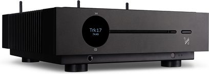 Quad Artera Solus Play alt-i-ét high-end system i sort, minimalistisk front med display, knapper og CD-slot