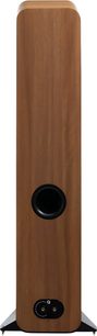 Boxă de podea Q Acoustics 3050c maro cu furnir din lemn, vedere din spate, cu port bass-reflex circular negru centrat, terminale duble în partea de jos și bază metalică închisă la culoare