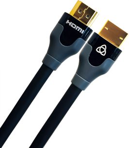 HDMI UHD48 Gbps kabel 2m med to forgyldte stik, sorte og grå ender, HDMI-logo på det ene stik og symbol på det andet