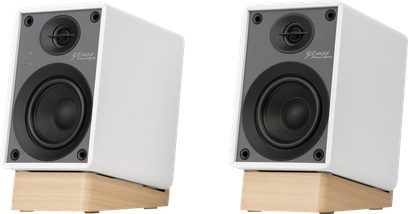 Bezdrátové připojené reproduktory GX-10DB, bílé obdélníkové skříně, černé přední panely, 2 kruhové reproduktory, dřevěné podstavce