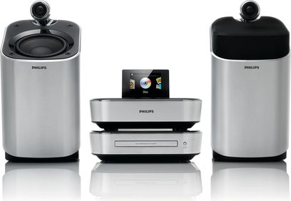 Philips MCD900 Hi-Fi mini-anlæg bestående af to cylindriske grå højttalere og en grå DVD-afspiller med farvedisplay