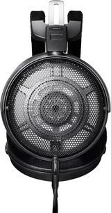 Sluchátka Audio Technica ATH-ADX3000 s otevřenou konstrukcí, pohled zepředu, kruhová mřížka, černé polstrování, centrální kabel