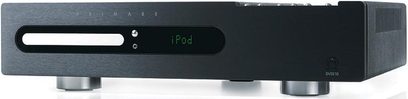 Primare DVDi 10 sort DVD-afspiller, frontvisning, frontpanel med grøn "iPod"-skærm, diskåbning og kontrolknapper