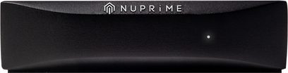 Juodas matinis stačiakampis belaidis siųstuvas „Nuprime BTR-HD", baltas logotipas, juodame fone, vaizdas iš priekio