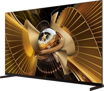 TCL 98X11L TV 2026 med tynd sort ramme set i trekvart vinkel med abstrakt gyldent motiv på skærmen