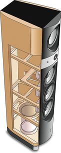 Focal Electra 1038 Be Basalt Standlautsprecher in 3/4-Frontansicht, schwarze Lautsprecher, Hochtöner mit Kalotte, schwarz-goldene Lackierung
