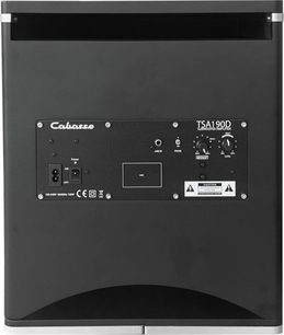 Cabasse TSA190D baskabin, sort bagside med audio-tilslutninger og justeringer af lydstyrke, fase og frekvens