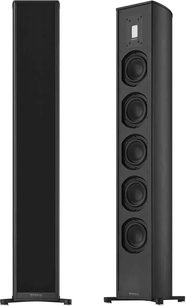 Trådløs tilsluttet højttaler Piega Premium 501 Wireless Gen2 sort, set forfra og fra siden, 4 cirkulære højttalere, 1 rektangulær tweeter