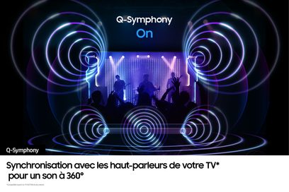 Samsung F-HW-Q995D-BF soundbar, set forfra, silhuetter af musikere på scenen, koncentriske lysende cirkler