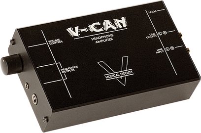 Sluchátkový předzesilovač Musical Fidelity V-CAN černý, pohled shora se schématem vstupů/výstupů a ovládacích prvků v bílé barvě