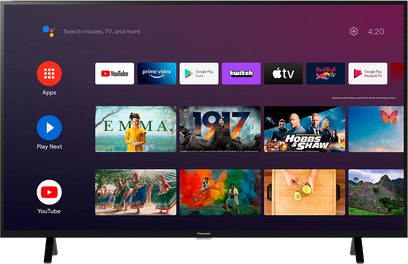 Panasonic TX-50LX700E-tv viser Android TV-grænsefladen med miniaturebilleder af film, tv-serier og apps