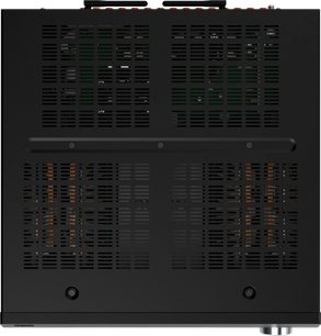 Усилена домашна кино система Integra DRX 8.4 черна, преден изглед, фронтална част, вентилационни решетки, бутони и конектори