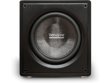 Subwoofer Velodyne VI-Q 12 negro visto de frente, caja cuadrada y altavoz central con membrana metálica texturizada