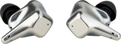 Hifiman Svanar Wireless LE trådløse hovedtelefoner, sølvfarvede ørepropper, set forfra, sorte ørepropper, glat overflade, kantet form