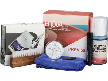 Enova HIFI PRPV 50 turntable setup kit with brush, cleaning solution, cloth, ruler, and spirit level
