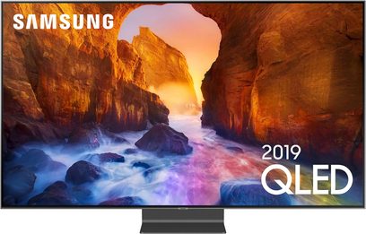 Televizor Samsung QE75Q90R QLED 2019 zobrazující obraz oranžových skal a modré vody v jeskyni