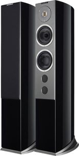 Sæt sortlakeret AudioVector R6 Avantgarde gulvhøjttalere med grå aluminiumsfront, guldbåndsdiskant, to mellem-/basenheder og to runde basreflekshuller, set fra trekvart forfra