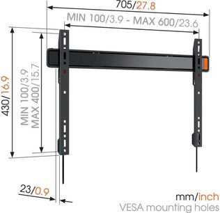 Schwarze Wandhalterung für Fernseher, Seitenansicht mit minimalen und maximalen Abmessungen in mm/Zoll und VESA-Befestigungsabstand