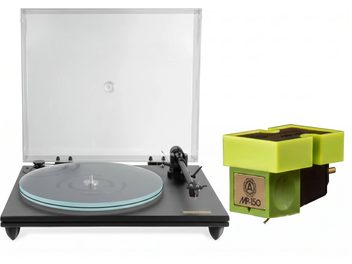 Zwarte platenspeler met open transparante stofkap en een anijsgroene MP-150 phono-element ernaast