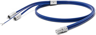 Oyaide PA 2075 DR blå phono-kabel, sølvfarvede RCA-stik, set ovenfra på hvid baggrund