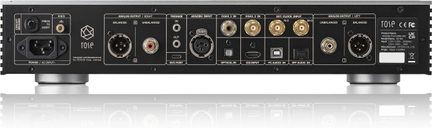Leitor de rede HiFi Rose RS250A visto de trás com conexões de áudio XLR, RCA, coaxial, óptica, USB e alimentação